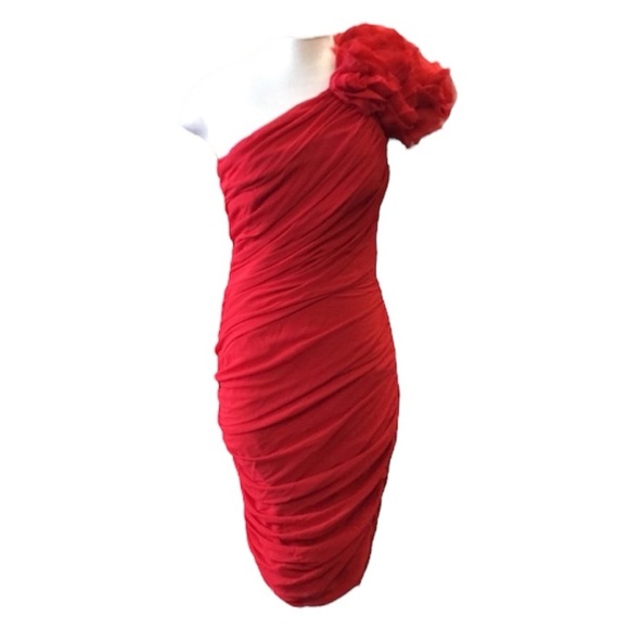 Vintage Cache Red One Shoulder Flower Mini Dress Size Small - Picture 11 of 11